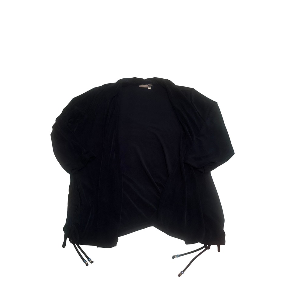 Chicos Travelers XL Black Open Front Cardigan Beaded Drawstring Slinky Knit